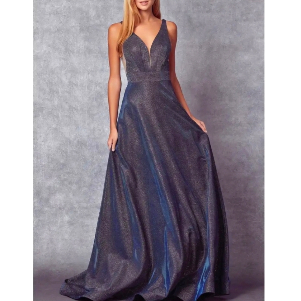 Navy Blue Matallic Shimmer V neck Evening Formal Prom Dress XS